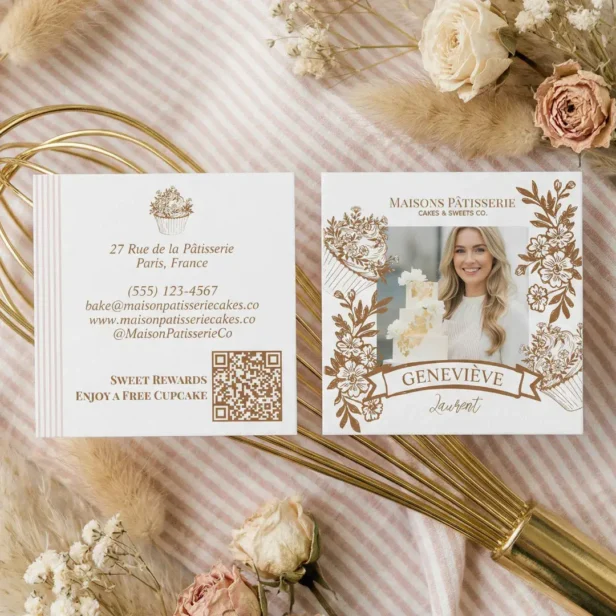 French Hand Drawn Floral Cupcake Bakery Photo Square Business Card