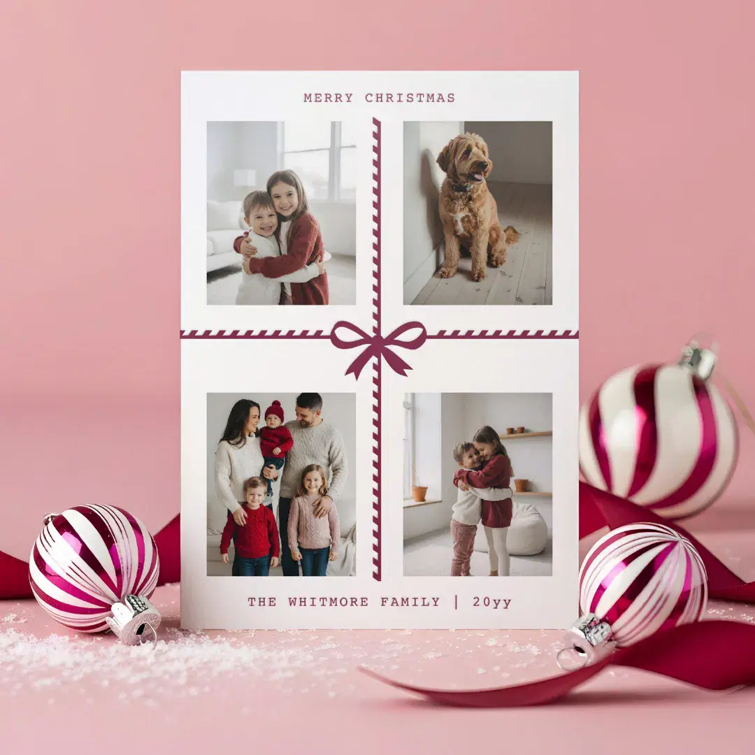 Fun Bow & Stripe Ribbon Photo Grid Merry Christmas Letterpress Photo Cards