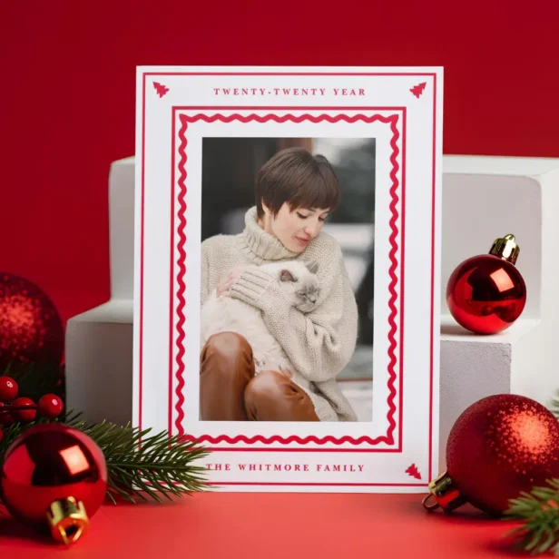 Fun Minimal Retro Wavy Pine Tree Photo Christmas Letterpress Photo Cards