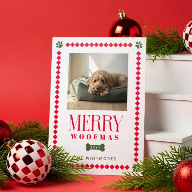 Fun Retro Merry Woofmas Checkered Dog Paw Print Letterpress Photo Cards