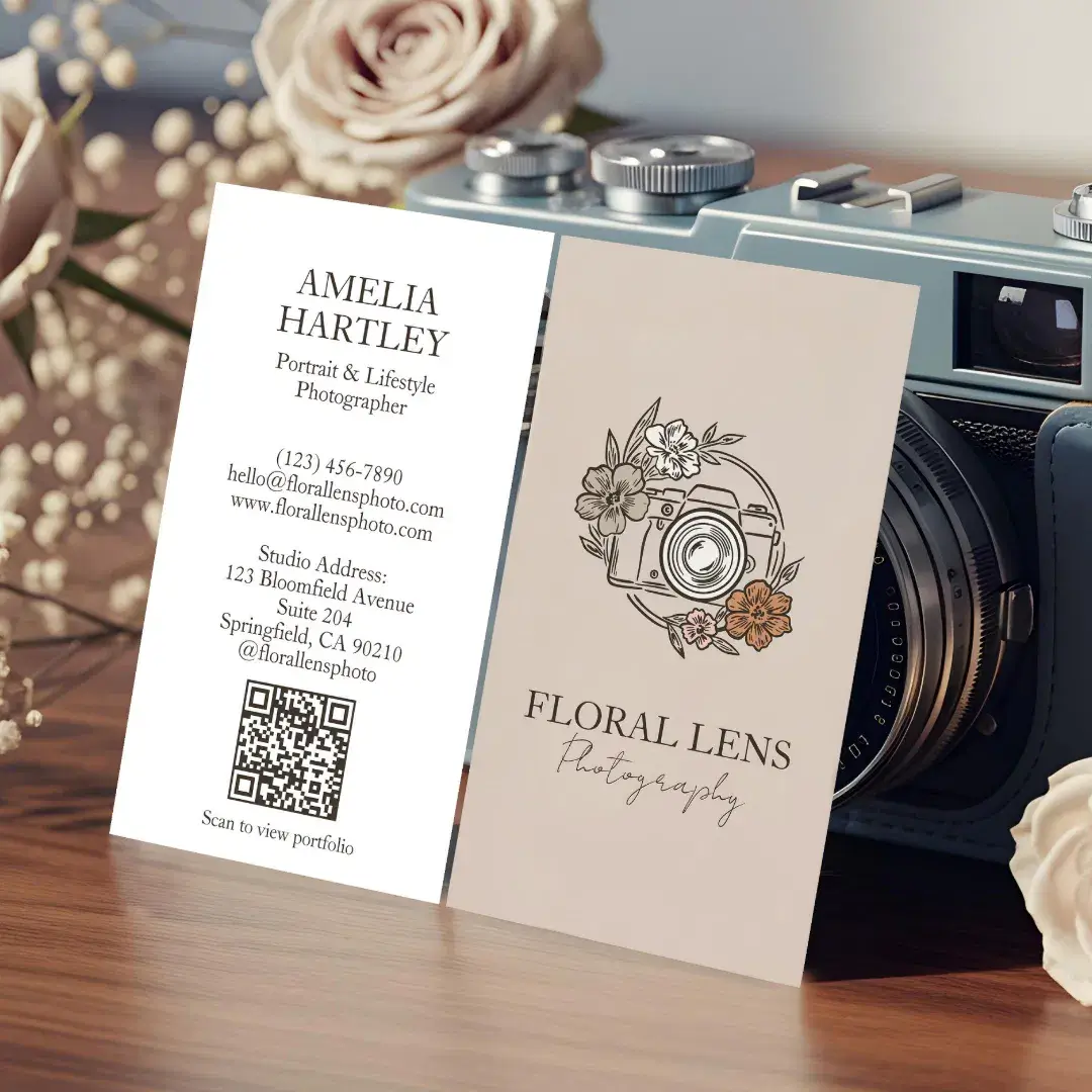 Girly Vintage Floral Camera Photographer Business Beige Business Card
