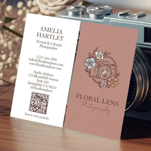 Girly Vintage Floral Camera Photographer Business Rose Pink Business Card