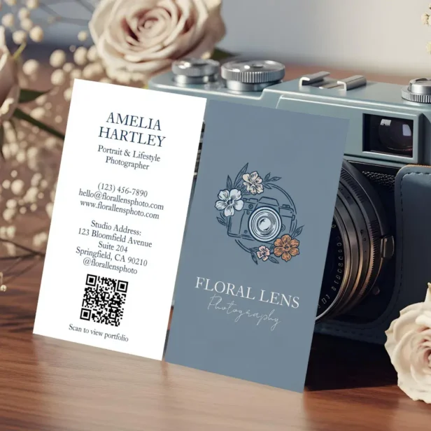Girly Vintage Floral Camera Photographer Business Blue Business Card