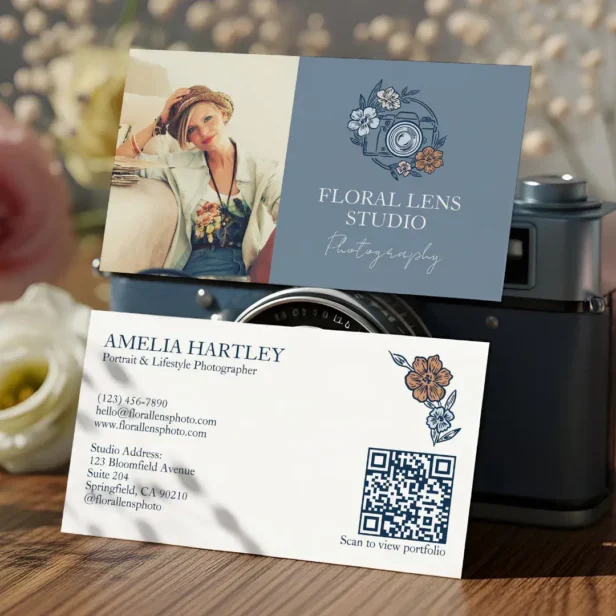 Girly Vintage Floral Camera Photographer Photo Blue Horizontal Business Card