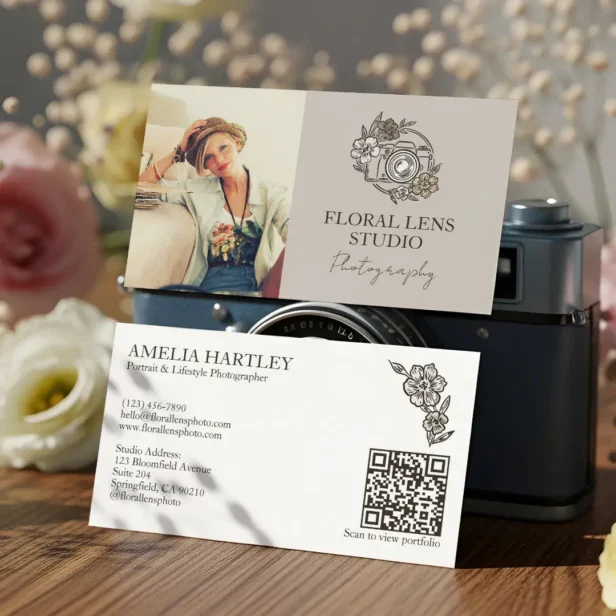 Girly Vintage Floral Camera Photographer Photo Beige Horizontal Business Card