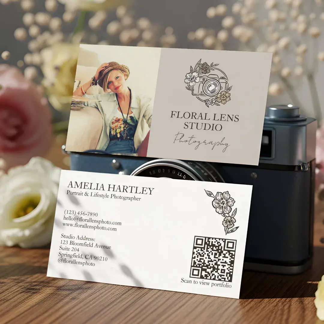Girly Vintage Floral Camera Photographer Photo Beige Horizontal Business Card