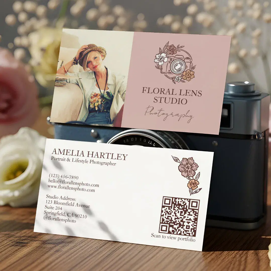 Girly Vintage Floral Camera Photographer Photo Pink Rose Horizontal Business Card