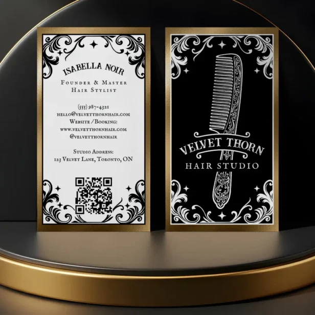 Gothic Vintage Hair Stylist Beauty Salon Black Business Card