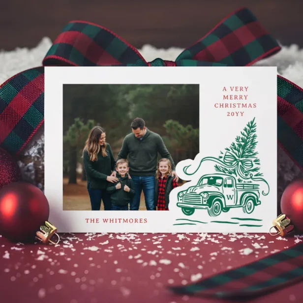 Hand Drawn Green Vintage Truck Christmas Tree Bow Letterpress Horizontal Photo Cards