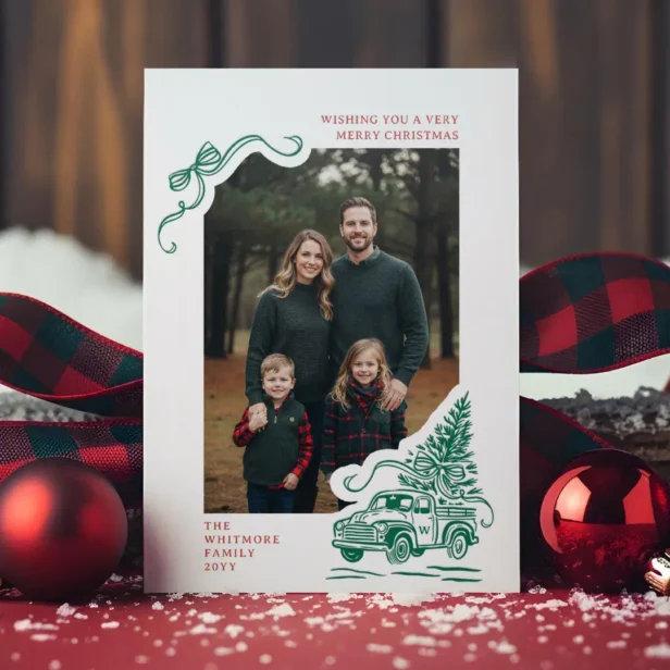 Hand Drawn Green Vintage Truck Christmas Tree Bow Letterpress Vertical Photo Cards