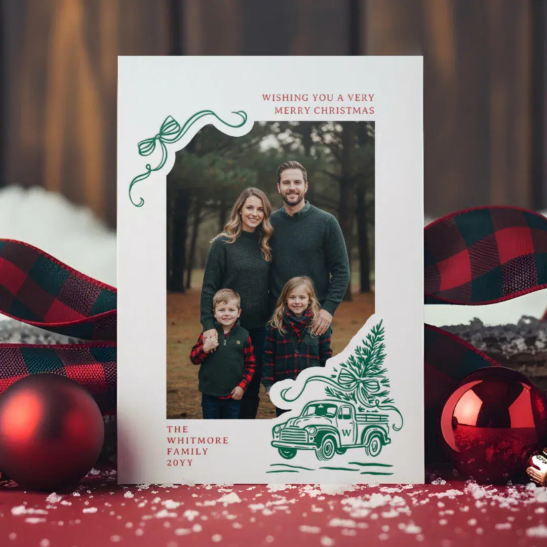 Hand Drawn Green Vintage Truck Christmas Tree Bow Letterpress Vertical Photo Cards
