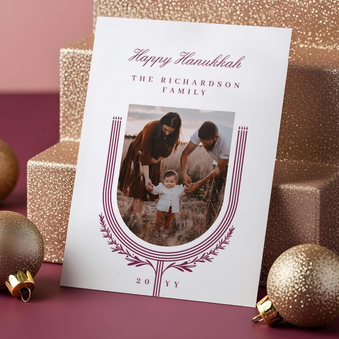 Happy Hanukkah Elegant Minimal Menorah Arch Photo Letterpress Photo Cards