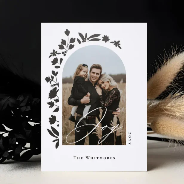 Joy Script Elegant Floral Arch Photo Christmas Letterpress Photo Cards