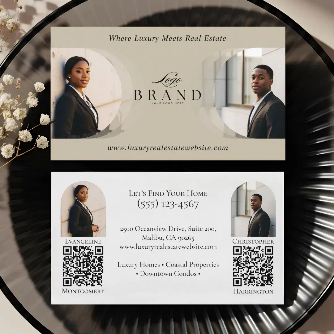 Luxury Classy Dual Agent Professional Real Estate Beige Business Card