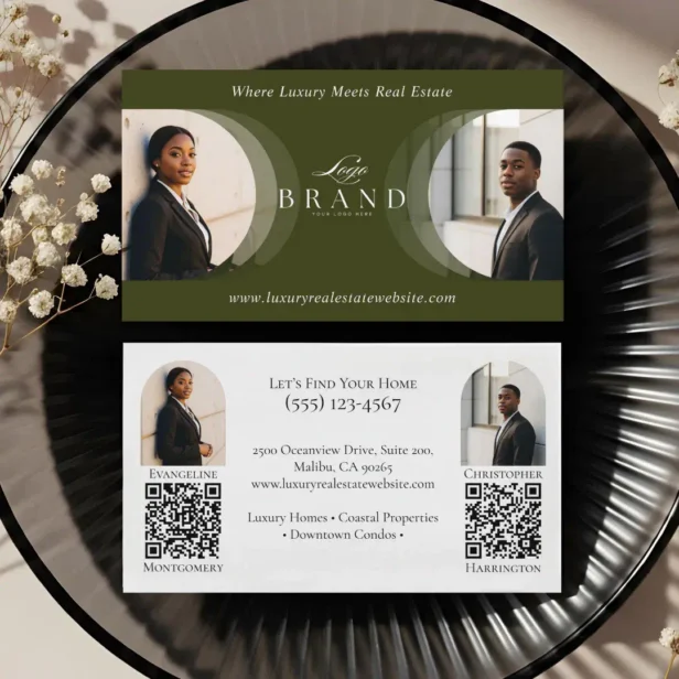 Luxury Classy Dual Agent Professional Real Estate Green Business Card