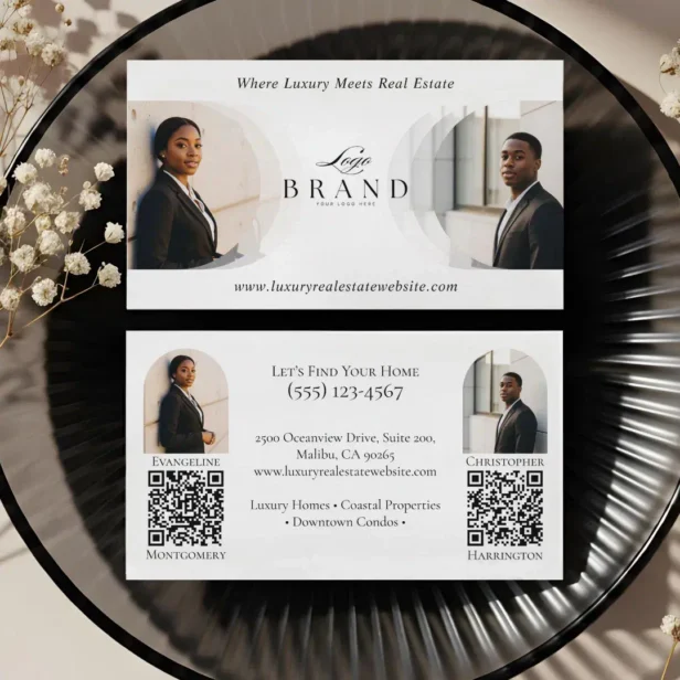Luxury Classy Dual Agent Professional Real Estate White Business Card