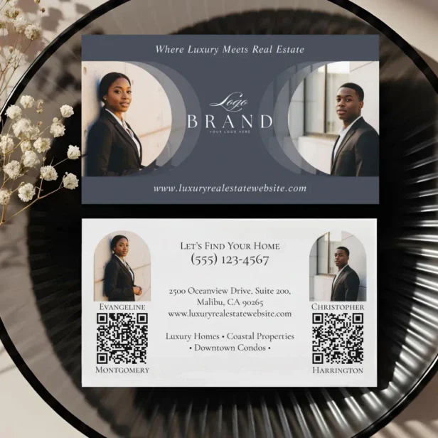 Luxury Classy Dual Agent Professional Real Estate Blue Business Card