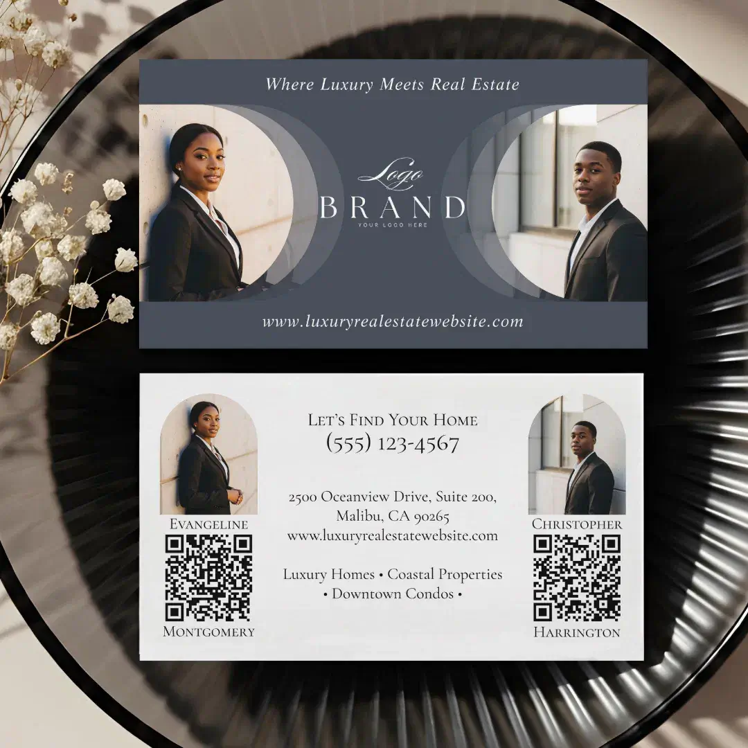 Luxury Classy Dual Agent Professional Real Estate Blue Business Card