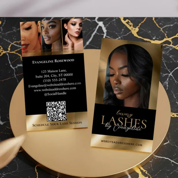 Luxury Eye Lashes Extensions Arch Photo Black Gold Business Card
