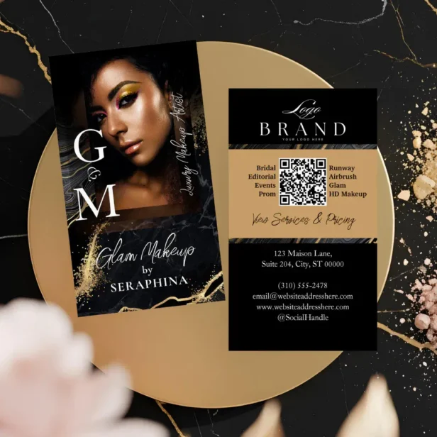 Luxury Glam Beauty Makeup Artist Black Gold Agate Business Card