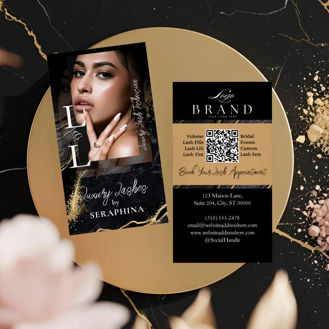Luxury Nail Technician Artist Black Gold Agate Business Card