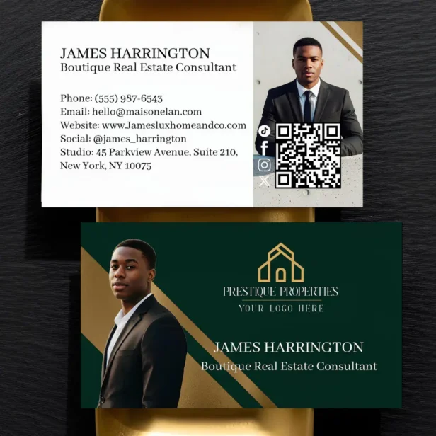 Luxury Gold & Green Real Estate Agent Photo Logo Business Card