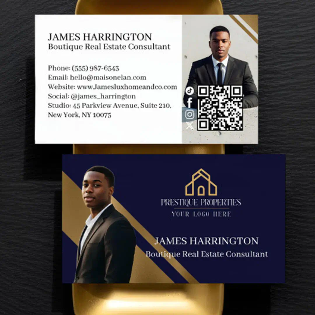 Luxury Gold & Navy Real Estate Agent Photo Logo Business Card
