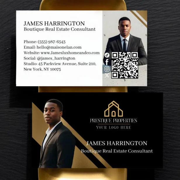 Luxury Gold & Black Real Estate Agent Photo Logo Business Card