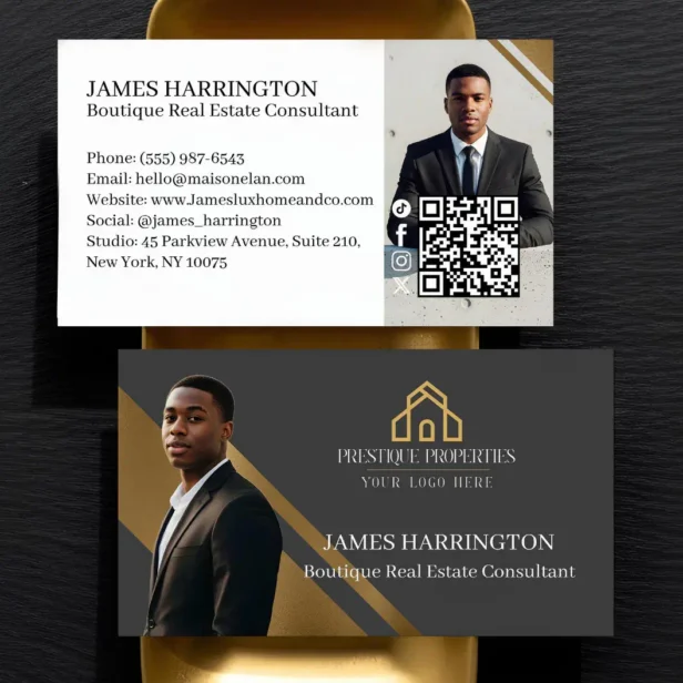 Luxury Gold & Grey Real Estate Agent Photo Logo Business Card
