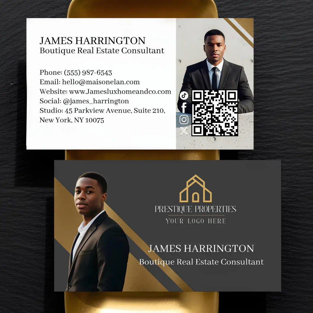 Luxury Gold & Grey Real Estate Agent Photo Logo Business Card