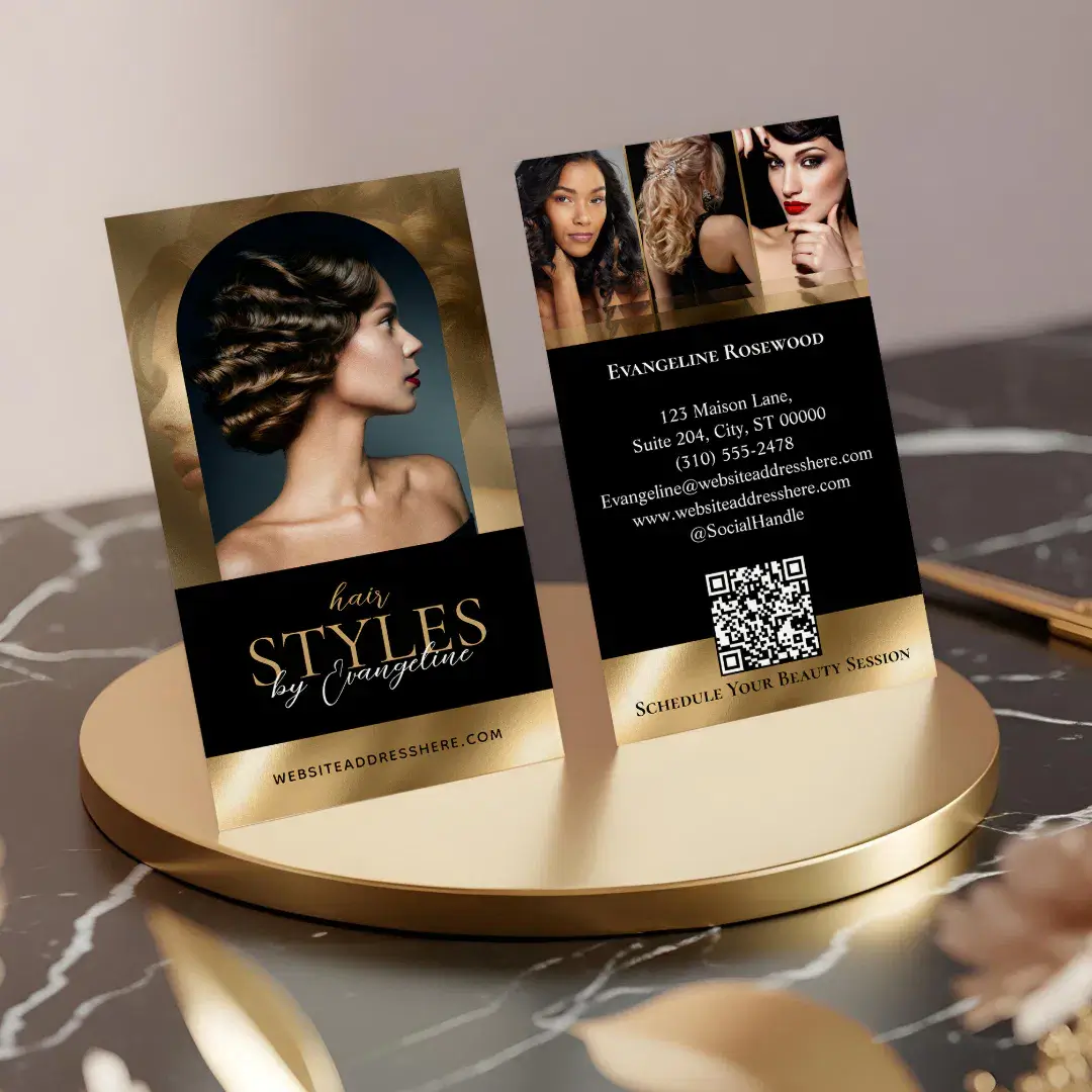 Luxury Hair Stylist Salon Arch Photo Black Gold Business Card