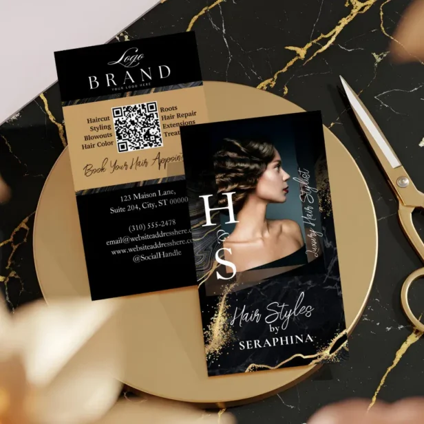 Luxury Glamor Hair Stylist Salon Black Gold Agate Business Card