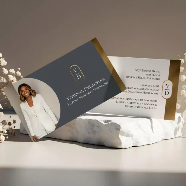 Luxury Modern Gold Arch Monogram Real Estate Photo Grey Horizontal Business Card