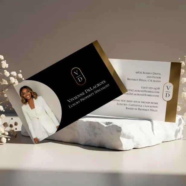 Luxury Modern Gold Arch Monogram Real Estate Photo Black Horizontal Business Card