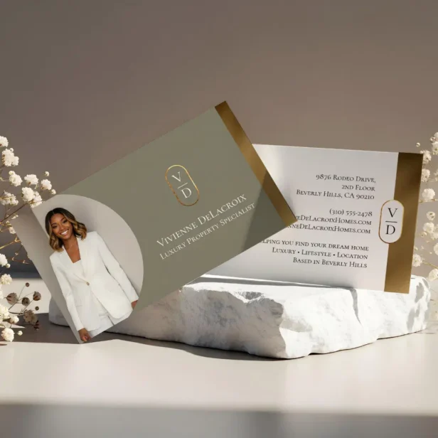 Luxury Modern Gold Arch Monogram Real Estate Photo Green Horizontal Business Card