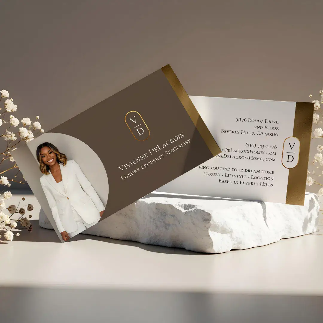 Luxury Modern Gold Arch Monogram Real Estate Photo Brown Horizontal Business Card