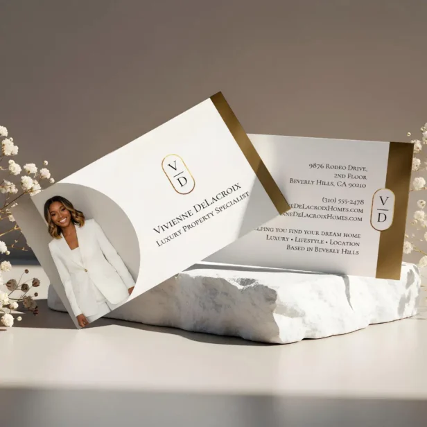 Luxury Modern Gold Arch Monogram Real Estate Photo White Horizontal Business Card