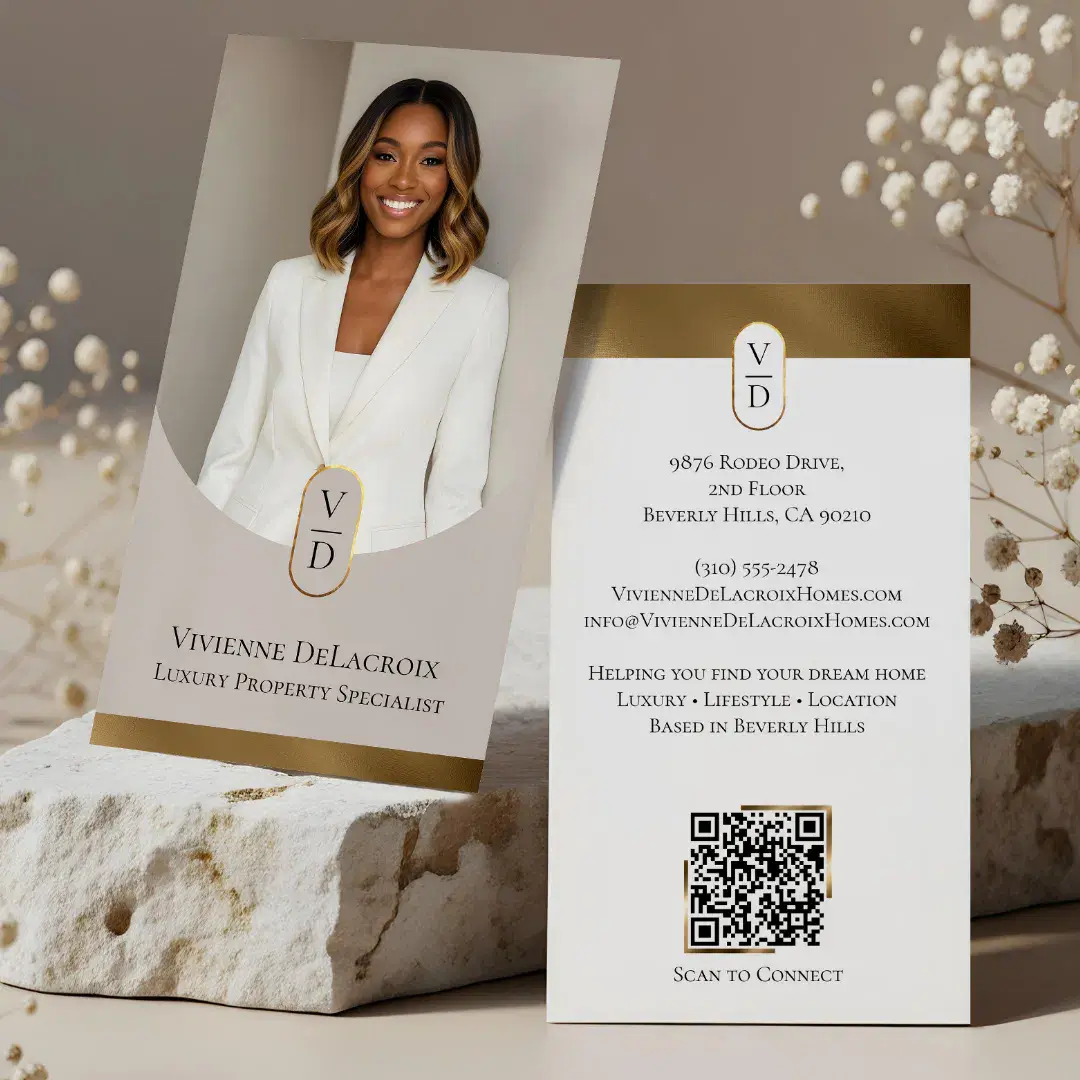 Luxury Modern Gold Arch Monogram Real Estate Photo Beige Business Card