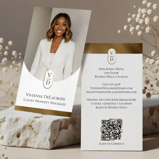 Luxury Modern Gold Arch Monogram Real Estate Photo White Business Card