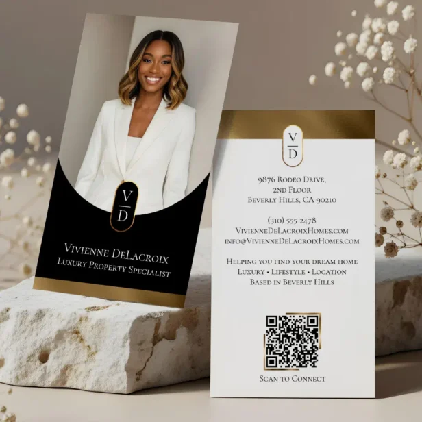 Luxury Modern Gold Arch Monogram Real Estate Photo Black Business Card