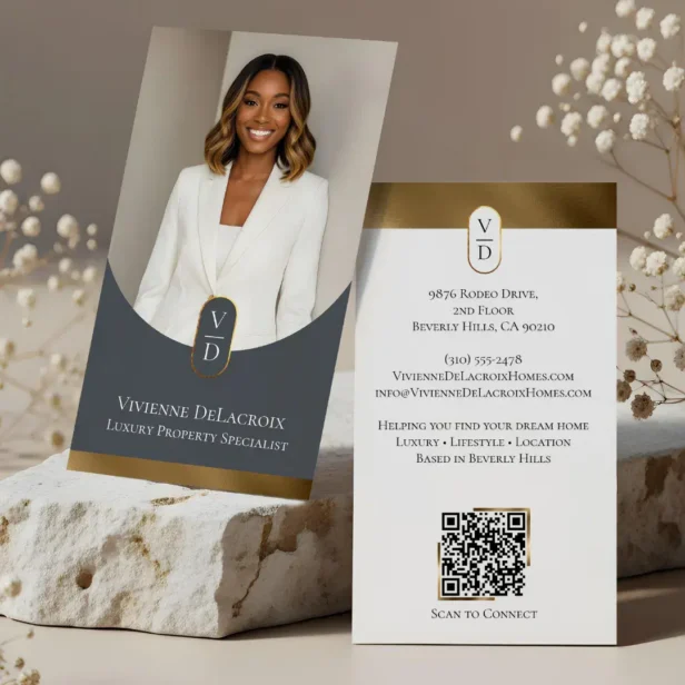 Luxury Modern Gold Arch Monogram Real Estate Photo Grey Business Card