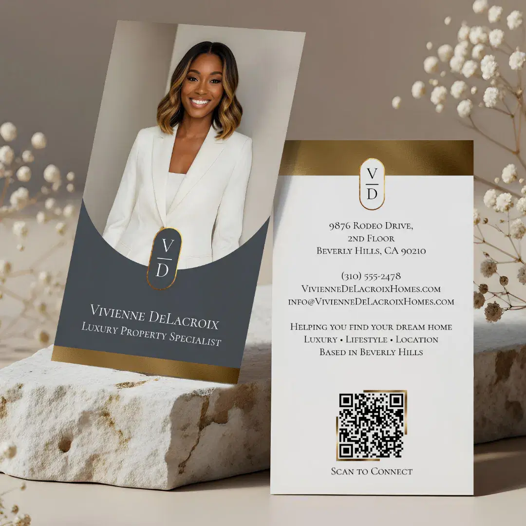 Luxury Modern Gold Arch Monogram Real Estate Photo Grey Business Card