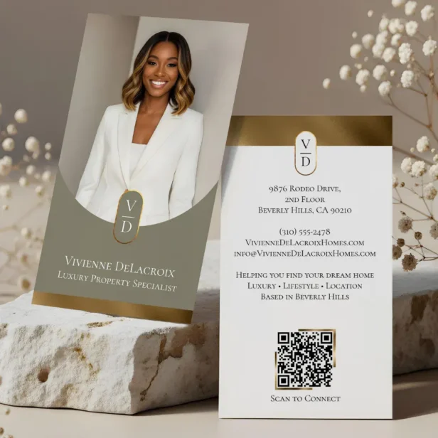 Luxury Modern Gold Arch Monogram Real Estate Photo Green Business Card