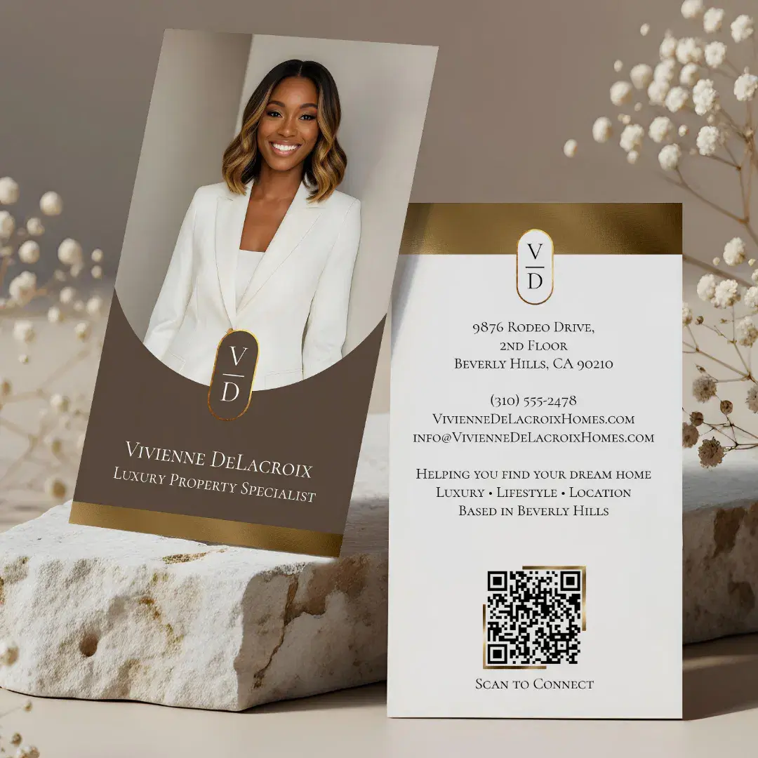 Luxury Modern Gold Arch Monogram Real Estate Photo Brown Business Card