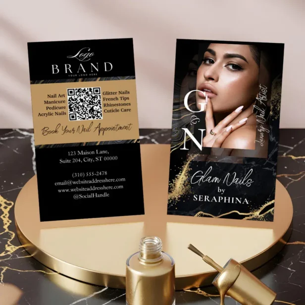 Luxury Nail Technician Artist Black Gold Agate Business Card