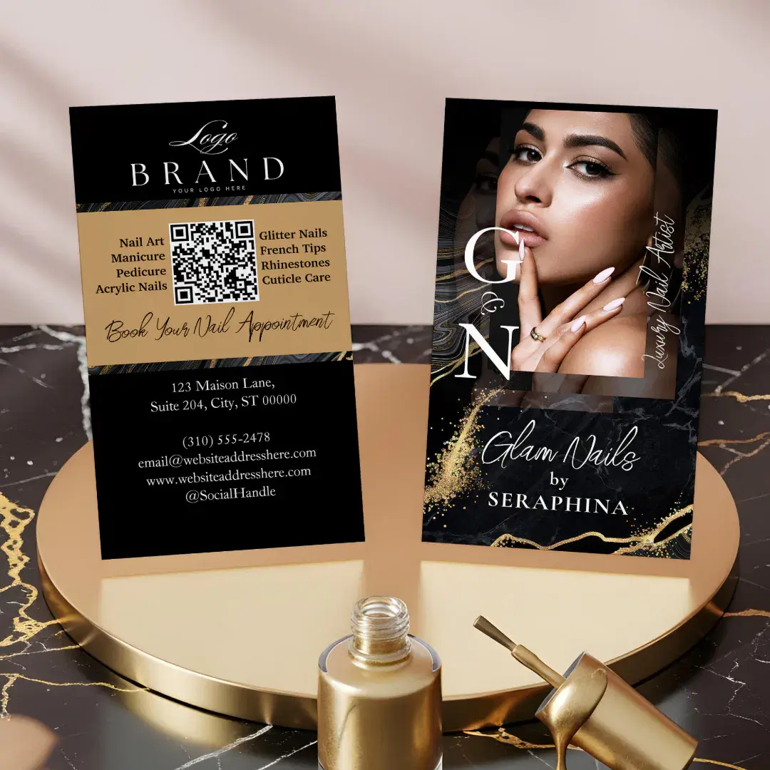 Luxury Nail Technician Artist Black Gold Agate Business Card