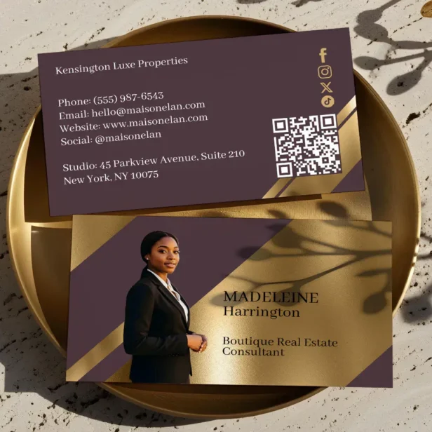 Luxury Real Estate Agent Plum & Gold Luxe Photo Business Card