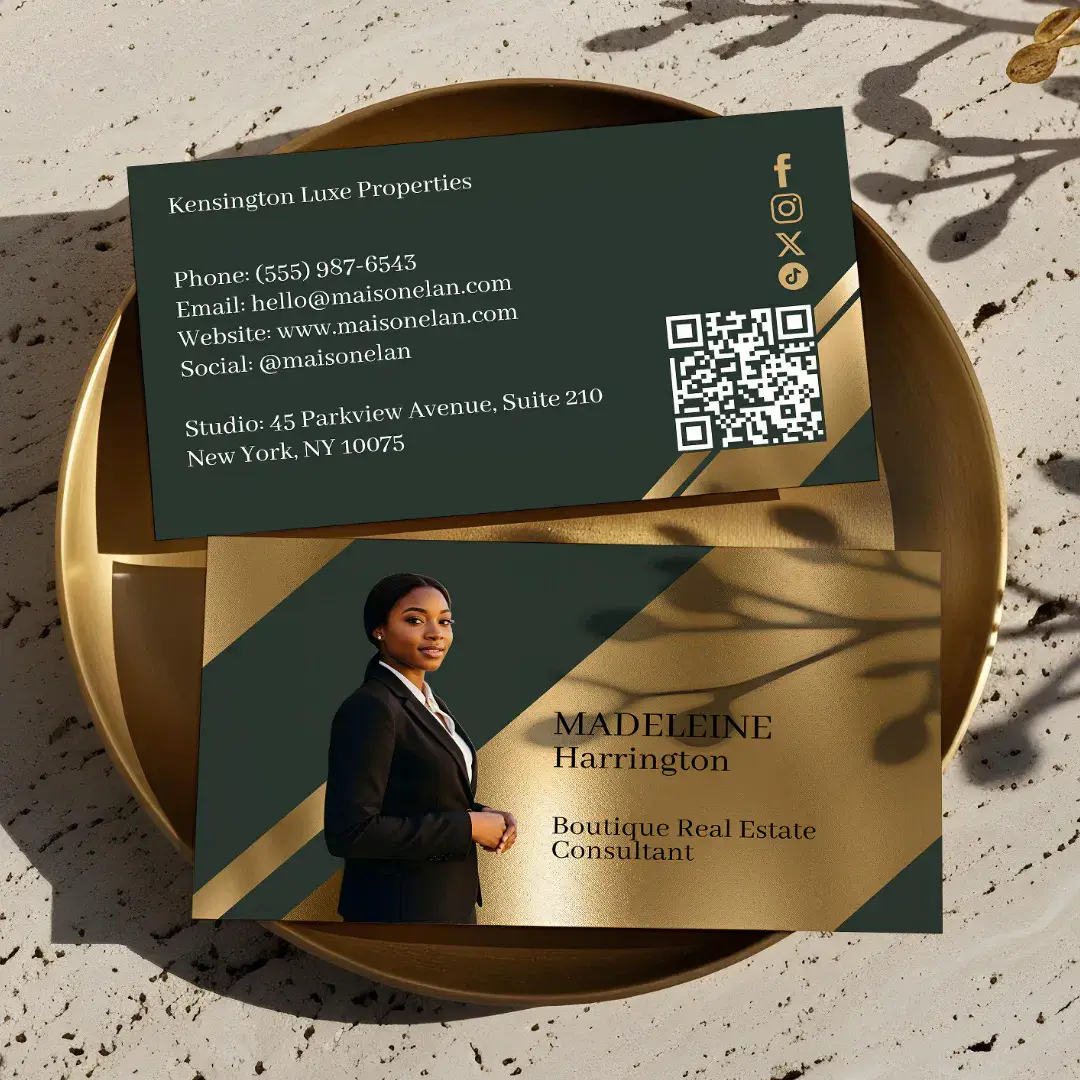 Luxury Real Estate Agent Green & Gold Luxe Photo Business Card