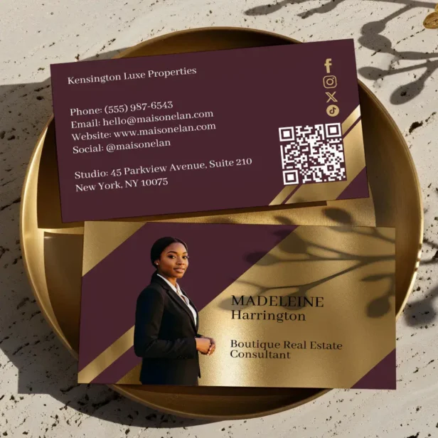 Luxury Real Estate Agent Burgundy & Gold Photo Business Card