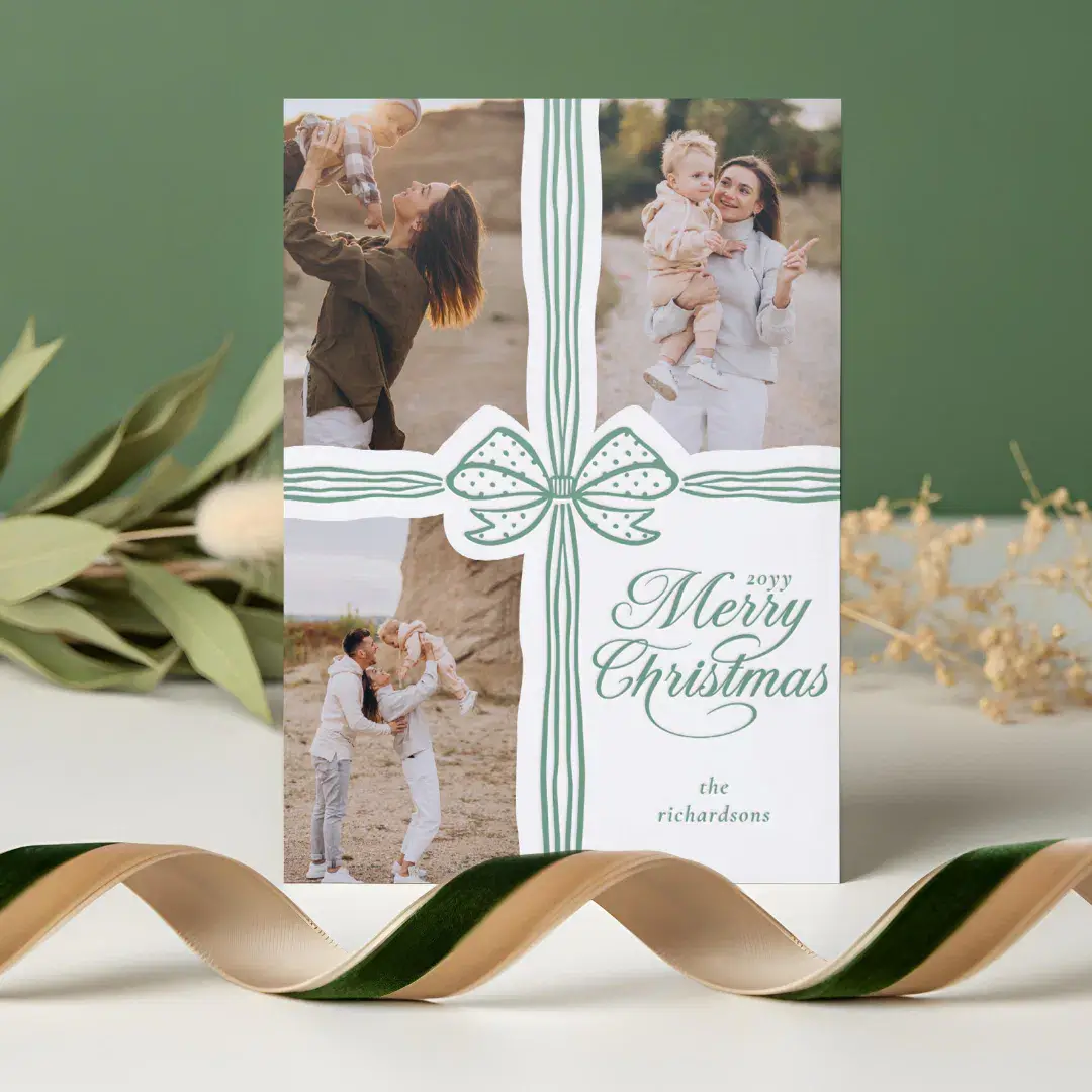 Merry Christmas Script Bow Present Photo Collage Letterpress Photo Cards